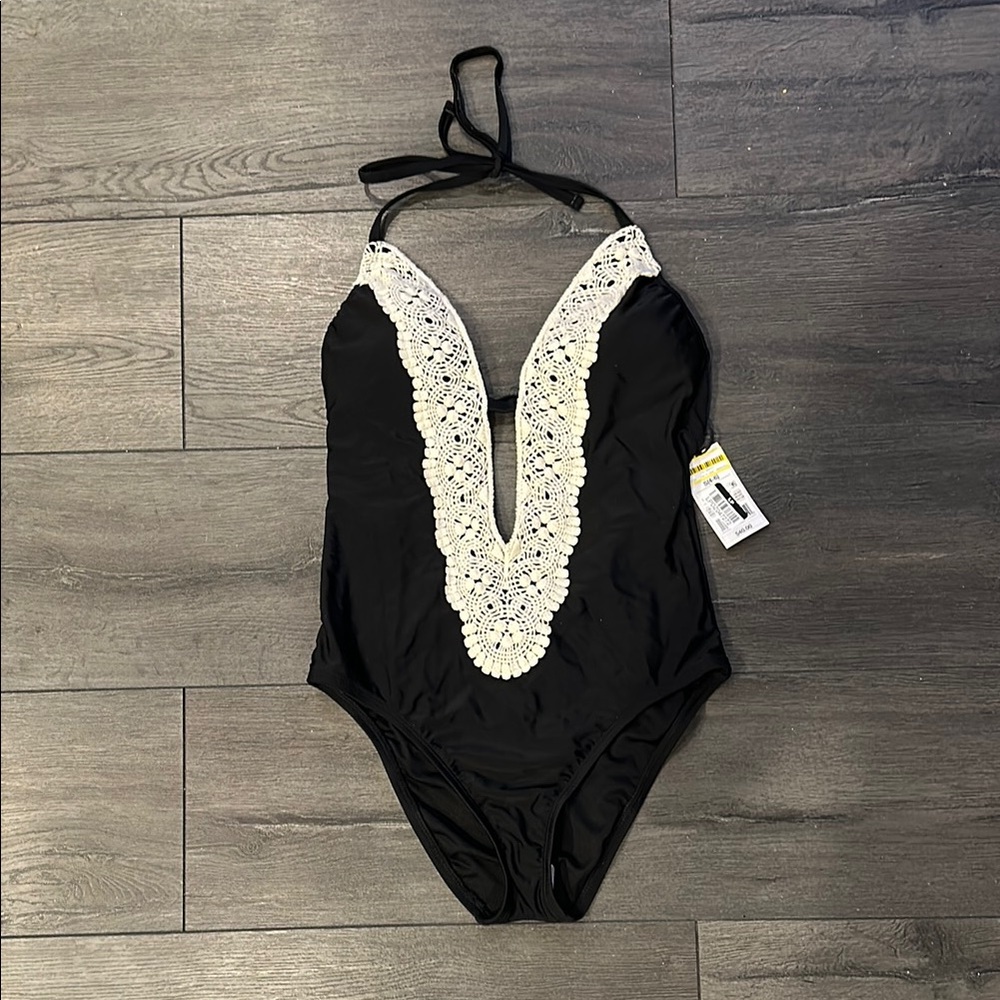 Black Lace Plunge Swimsuit